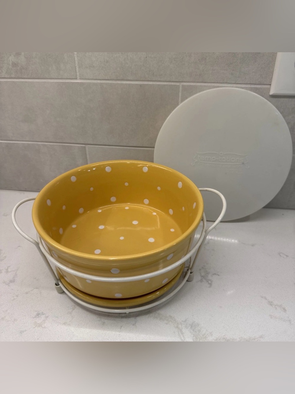 Temp-Tations Yellow and White Polka Dot Ceramic Serving Bowl Set with lid